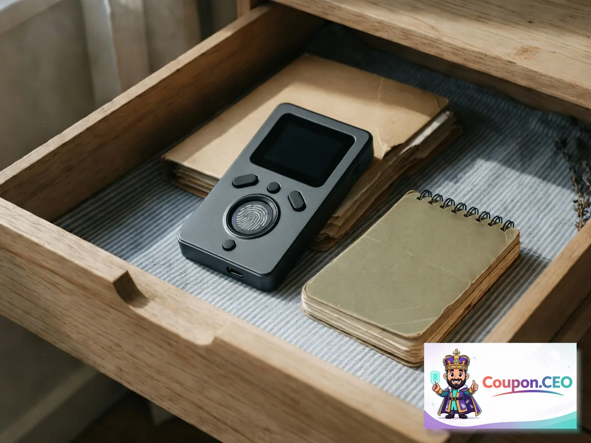 D'CENT biometric wallet on a keyring next to phone showing app balances and a small test transaction history after one year