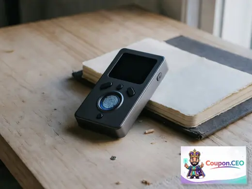 D'CENT biometric wallet device photo with fingerprint sensor highlight, app interface, and supported coin logos